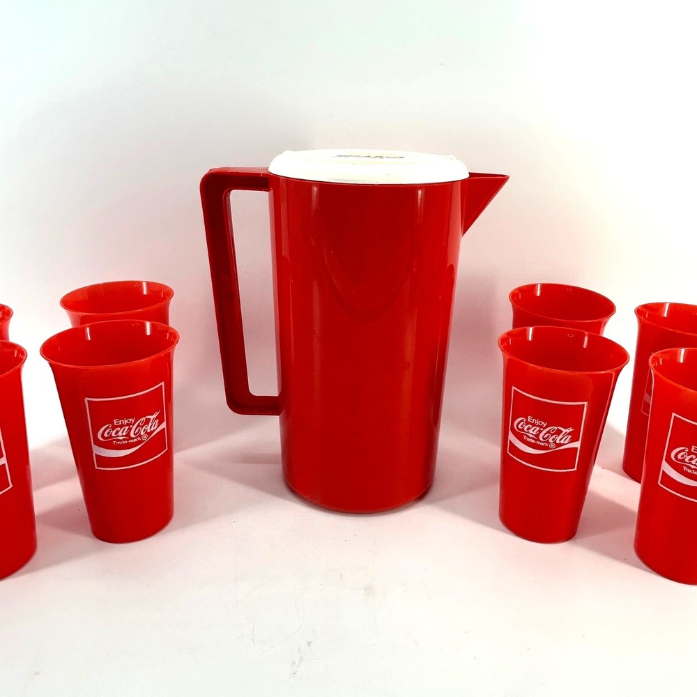 Vintage Coca-Cola Red Plastic Pitcher & 8 Cup Tumbler Set Coke Soda Collectible - Picture 3 of 7